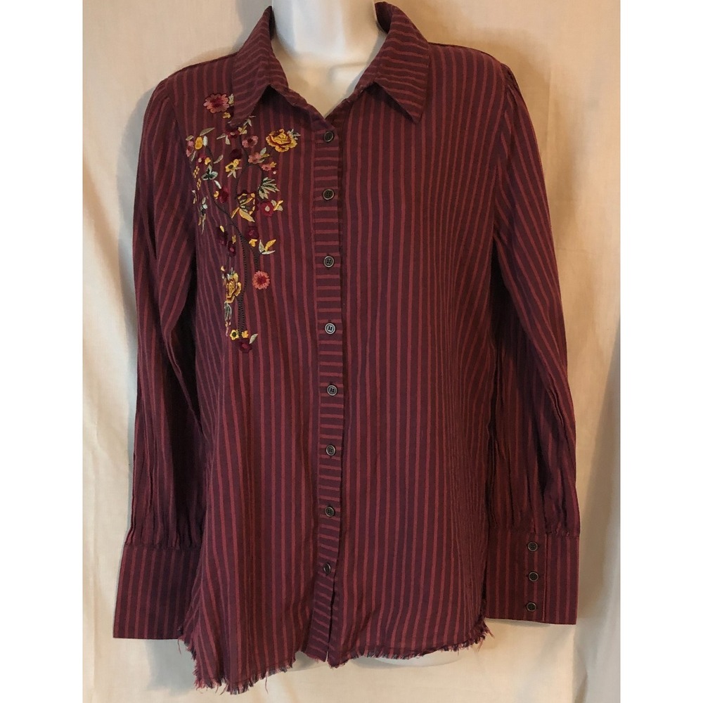 Nine Britton button front shirtโ purple striped pattern floral embrodery Size M